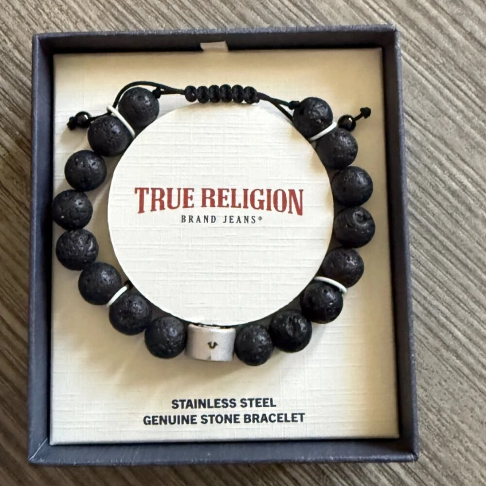 True Religion Black Genuine Stone Beaded Stainless Steel Bracelet New In Box - Picture 2 of 5
